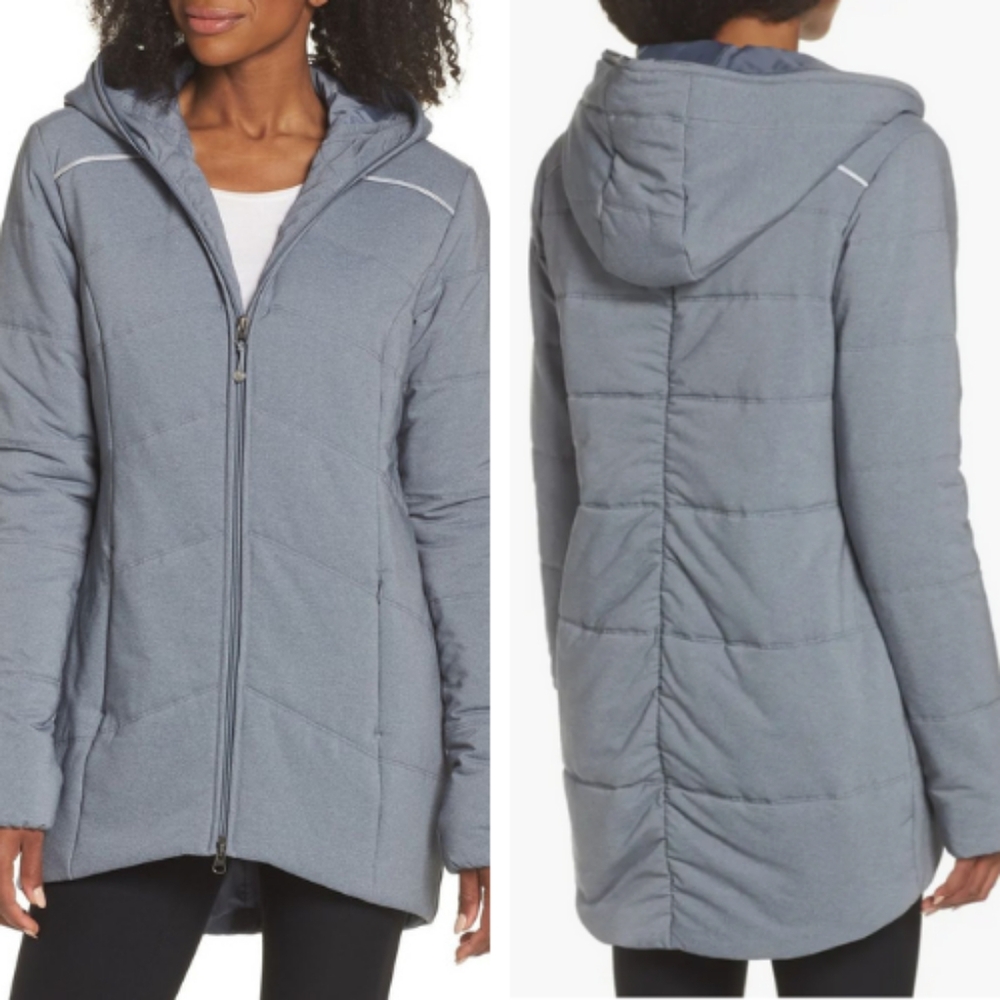 EUC Zella Women’s Daphne Hooded Charcoal Puffer Jacket Size Small (RN 58655)